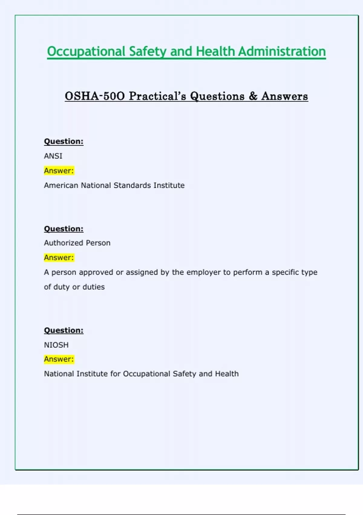 OSHA 500 Practice Questions And Answers With Verified Solutions 2024/ ...