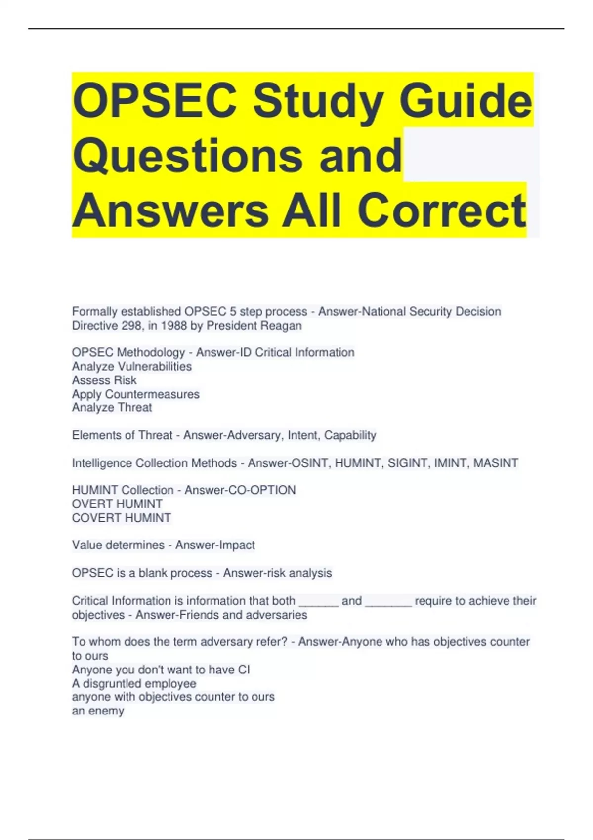 OPSEC Study Guide Questions and Answers All Correct - OPSEC - Stuvia US