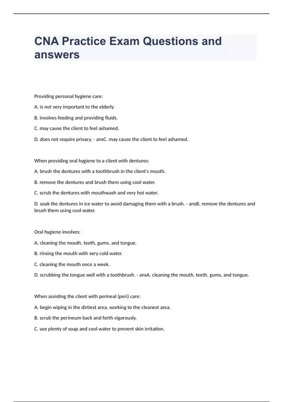 CNA Practice Exam Questions and Answers Graded A+ - Cna - nursing ...