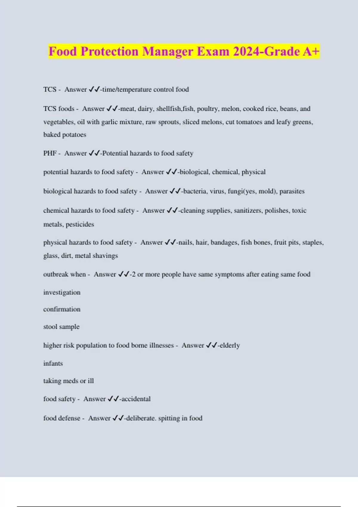 Food Protection Manager Exam 2024-Grade A+ - Food Handlers License and ...