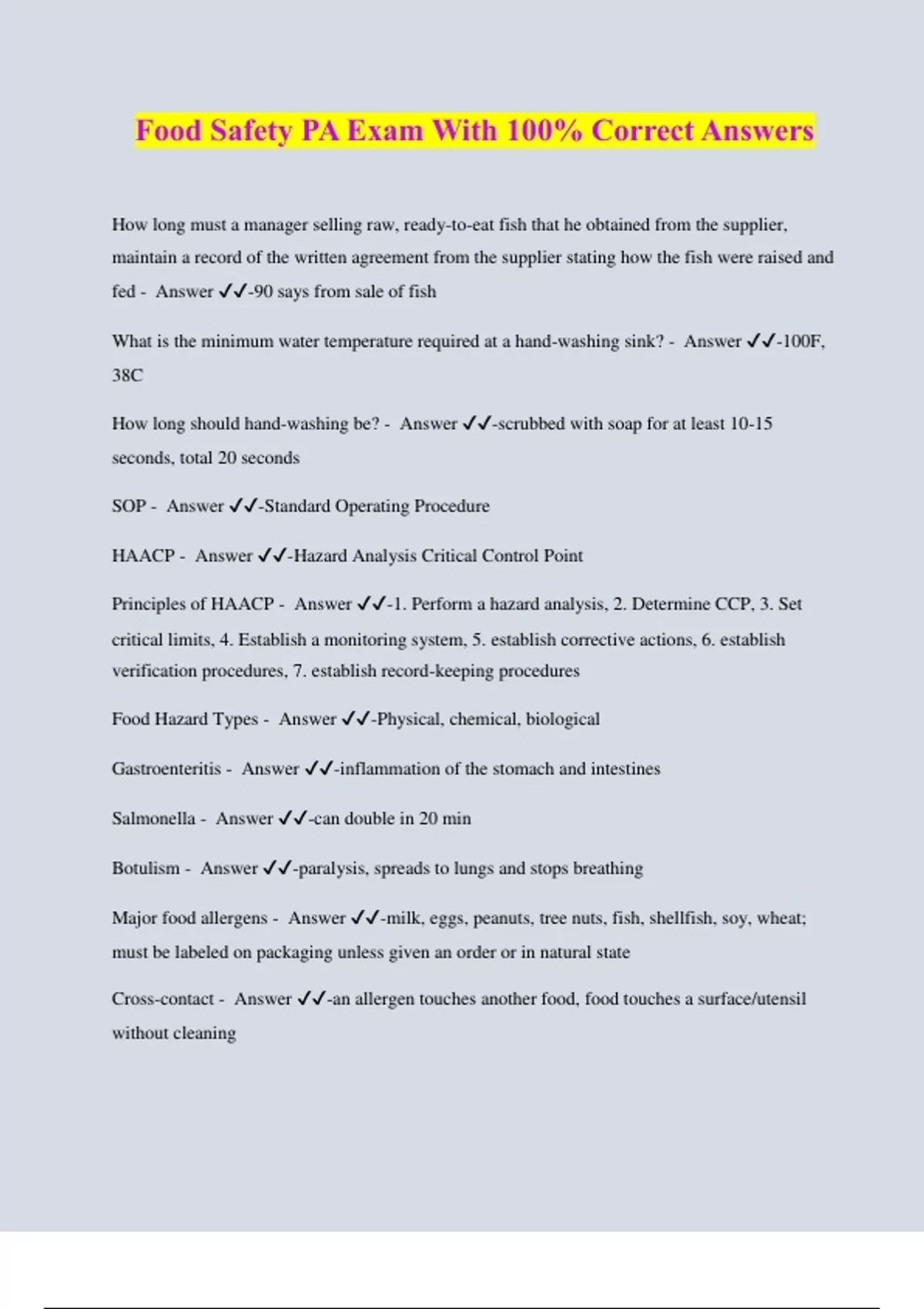 Food Safety PA Exam With 100 Correct Answers Food Handlers License