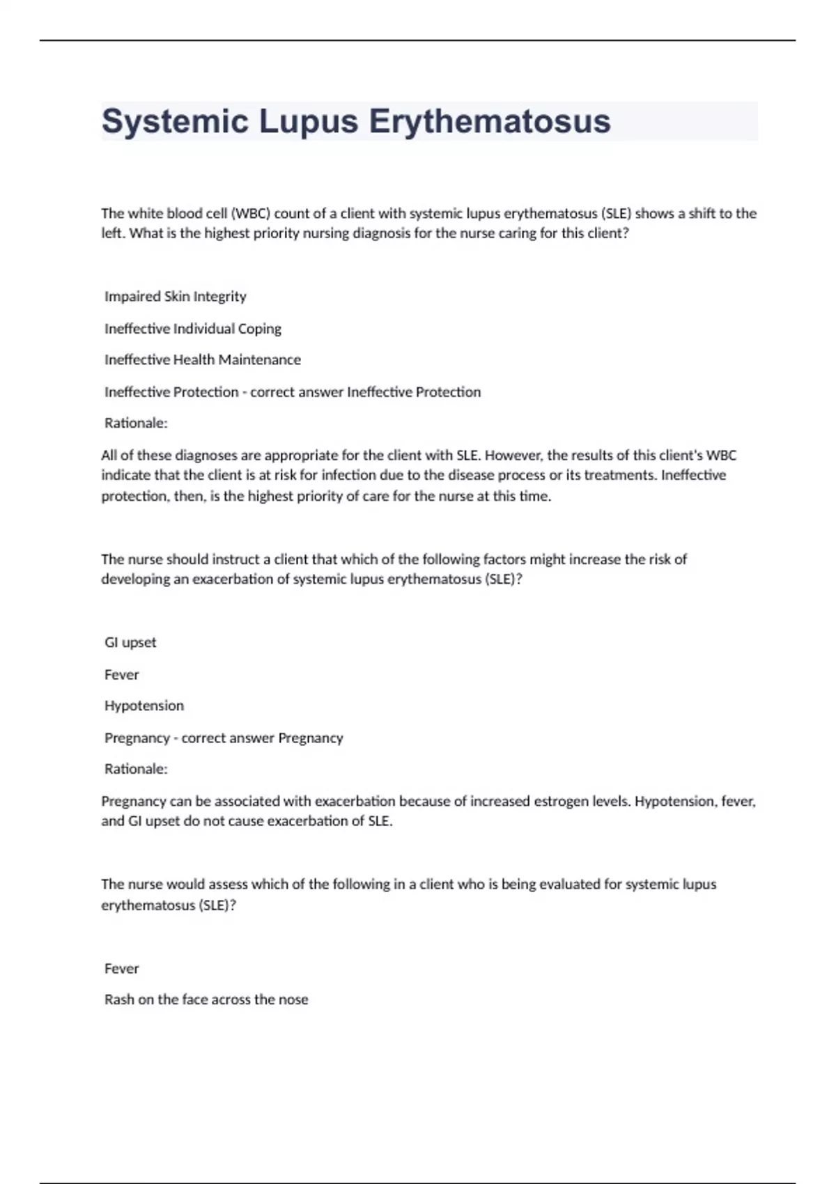 Systemic Lupus Erythematosus Question and answers already passed 2023/