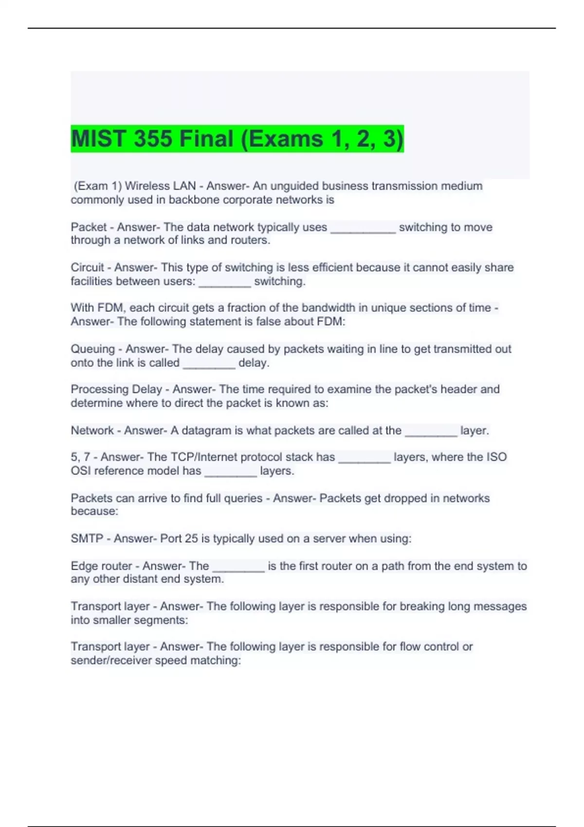 MIST 355 Final (Exams 1, 2, 3) Questions and Answers - MIST - Stuvia US