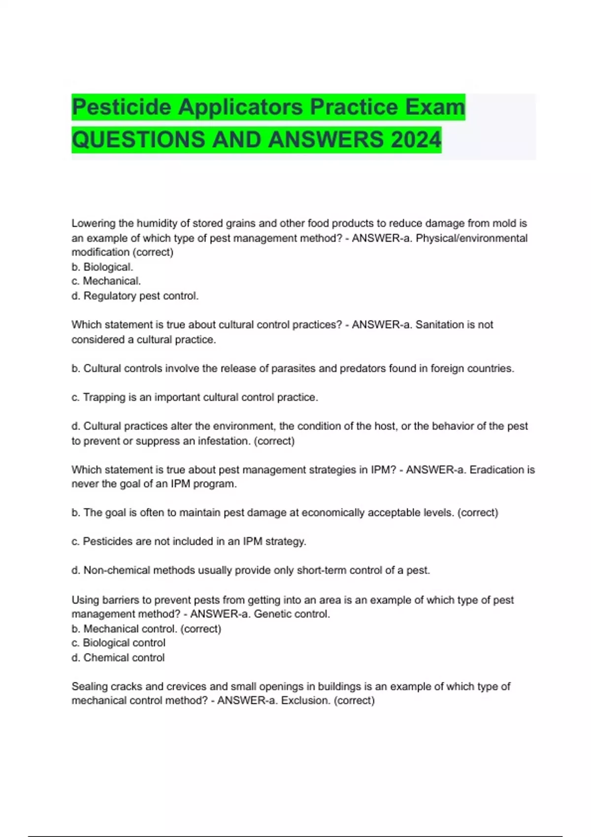 Pesticide Applicators Practice Exam QUESTIONS AND ANSWERS 2024