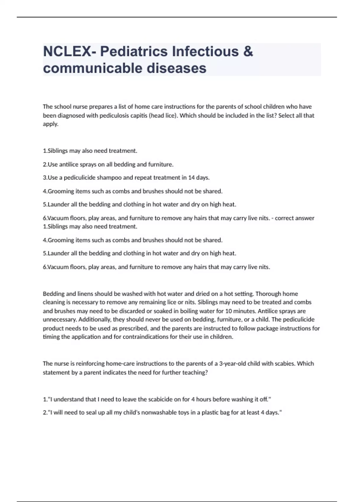 NCLEX Pediatrics Infectious & communicable diseases Question and