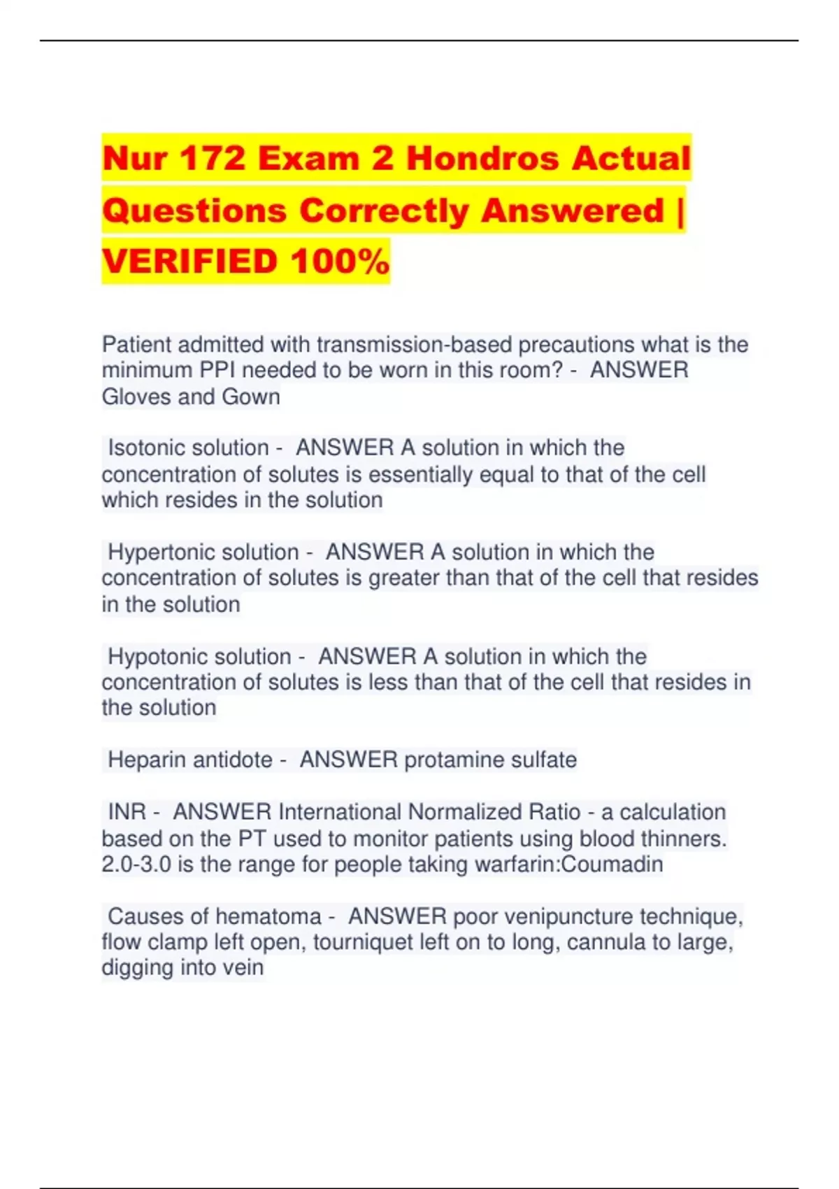 Nur 172 Exam 2 Hondros Actual Questions Correctly Answered | VERIFIED ...