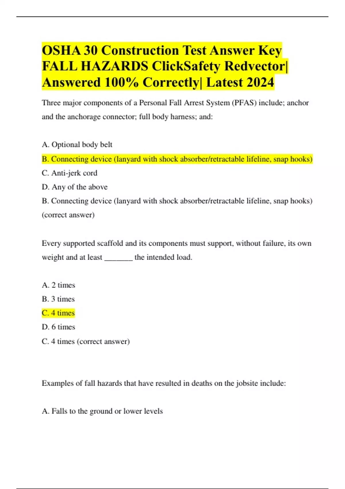 OSHA 30 Construction Test Answer Key FALL HAZARDS ClickSafety Redvector