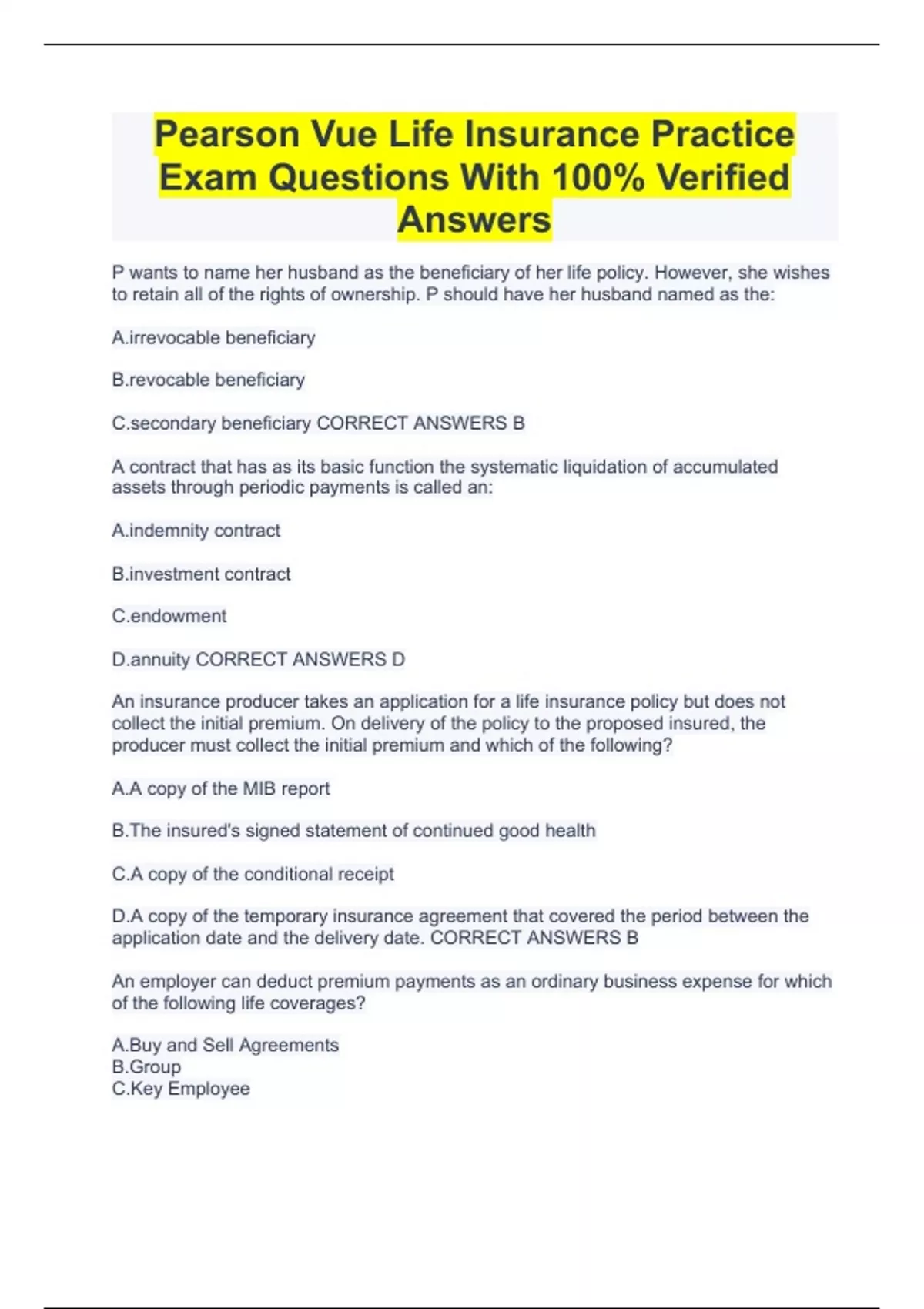 Pearson Vue Life Insurance Exam Questions And Answers 100 Correct