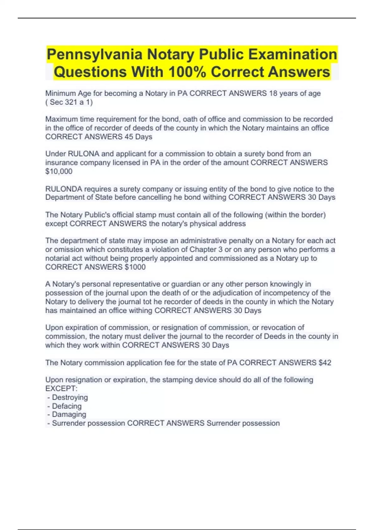 Pennsylvania Notary Public Examination Questions With 100 Correct