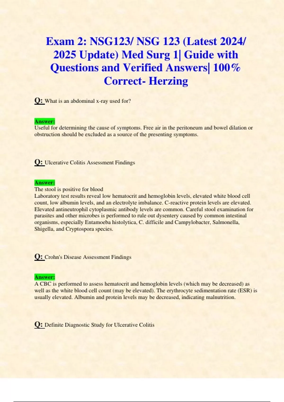 Exam 2: NSG123/ NSG 123 (Latest 2024/ 2025 Update) Med Surg 1| Guide ...