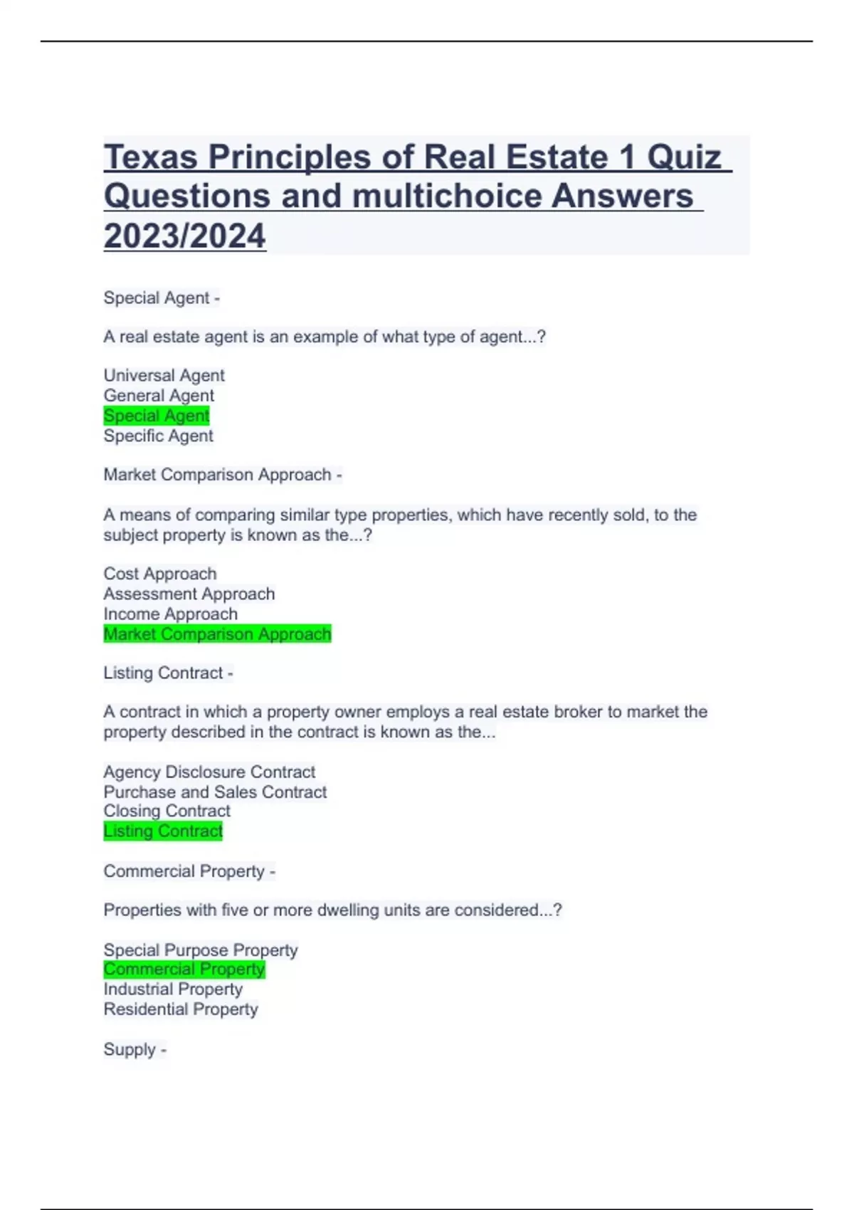 exam for Texas Principles of Real Estate 1 Quiz Questions and