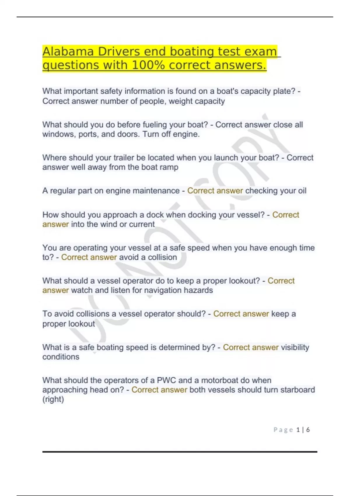 Alabama Drivers end boating test exam questions with 100 correct