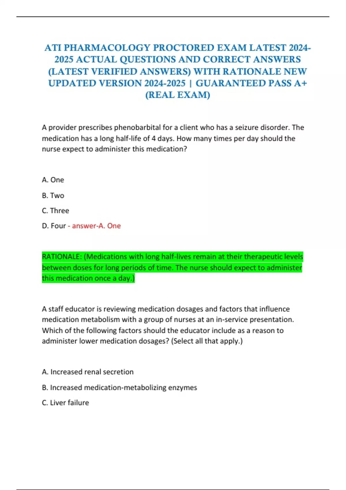 ATI PHARMACOLOGY PROCTORED EXAM LATEST ACTUAL QUESTIONS AND CORRECT ...