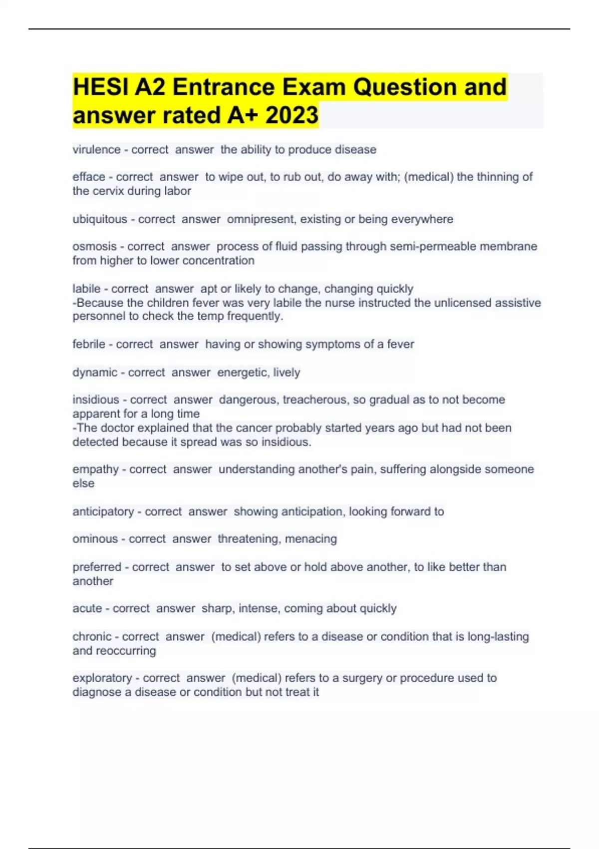 HESI A2 Entrance Exam Question and answer rated A+ 2023/2024 Hesi