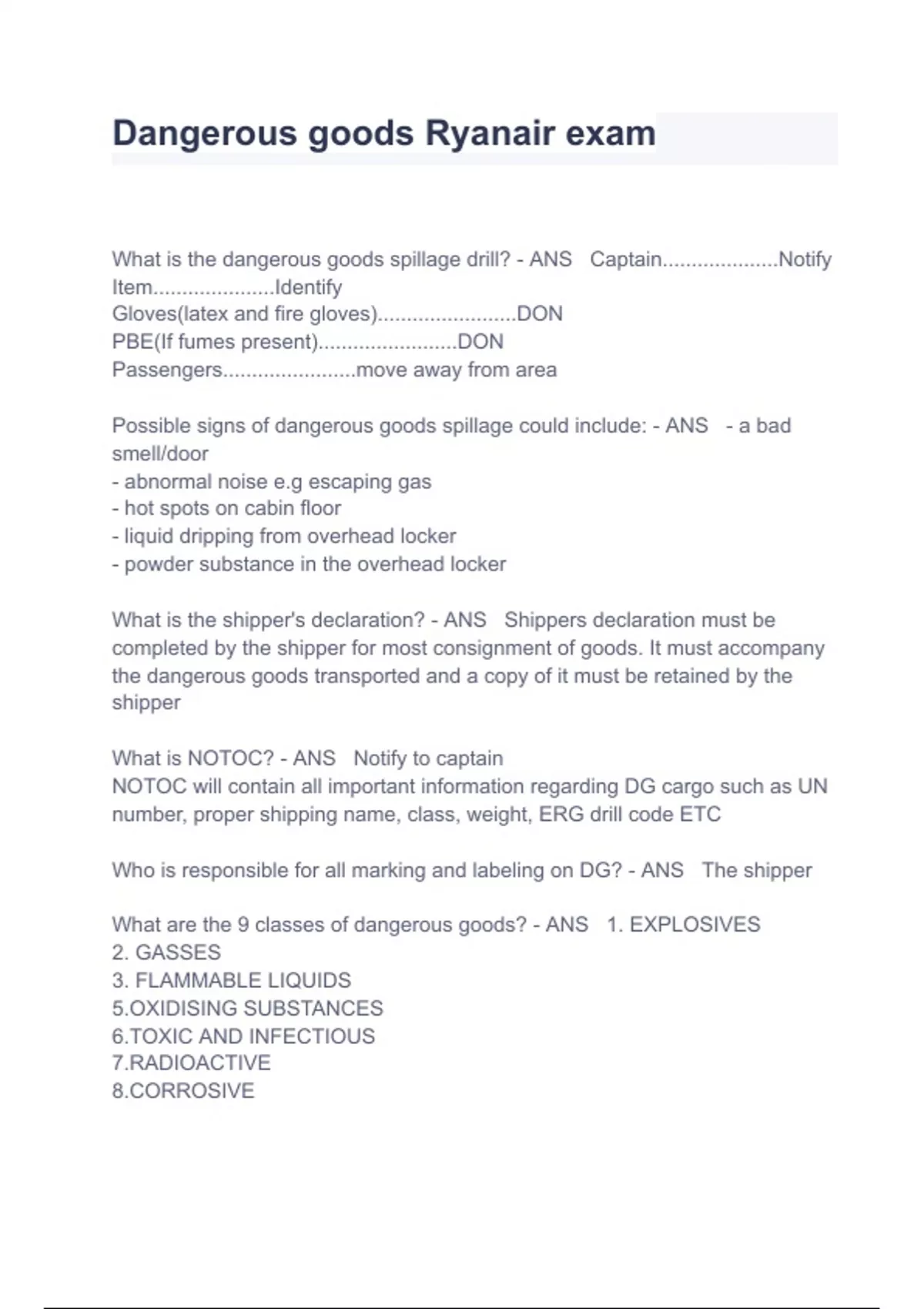 Dangerous goods Ryanair Exam Questions And Answers Ryanair Security