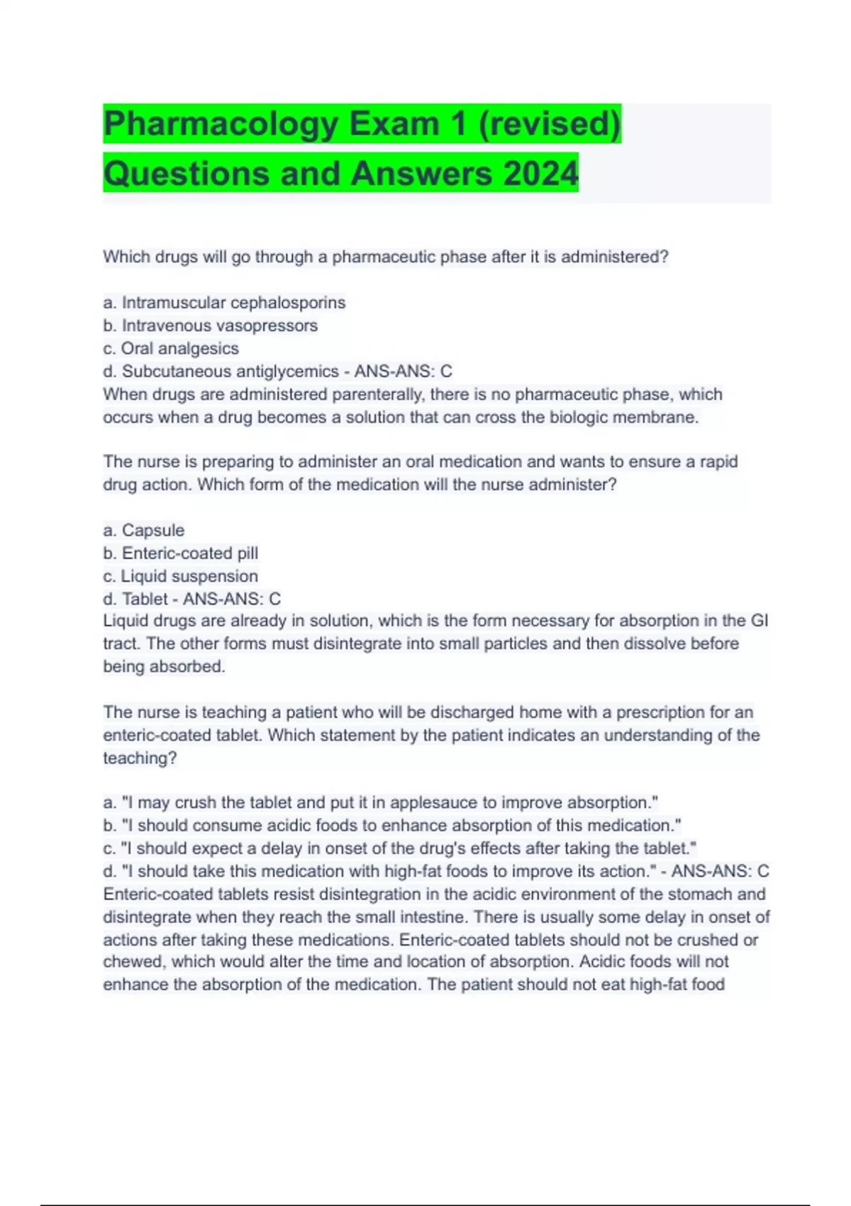 Pharmacology Exam 1 (revised) Questions and Answers 2024 - Pharmacology ...