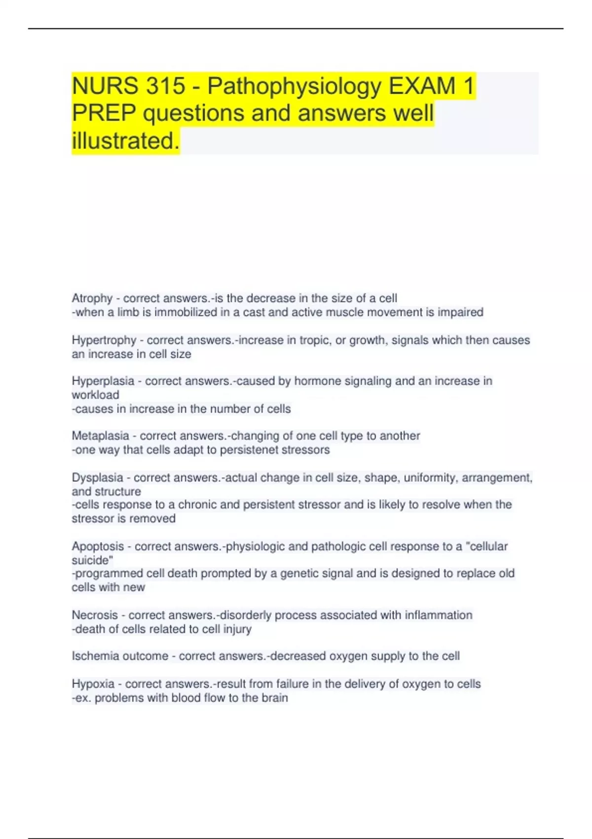 Nurs 315 Pathophysiology Exam 1 Prep Questions And Answers Well