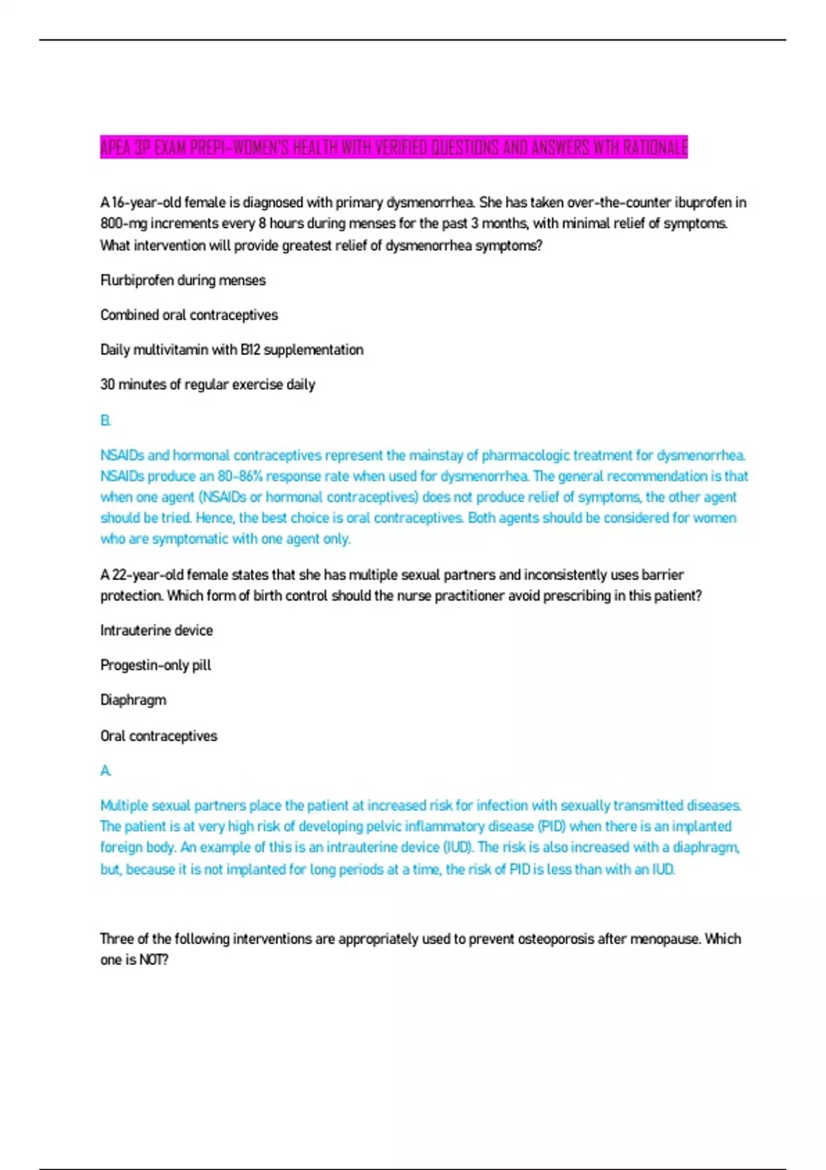 APEA 3P EXAM PREP1WOMEN’S HEALTH WITH VERIFIED QUESTIONS AND ANSWERS