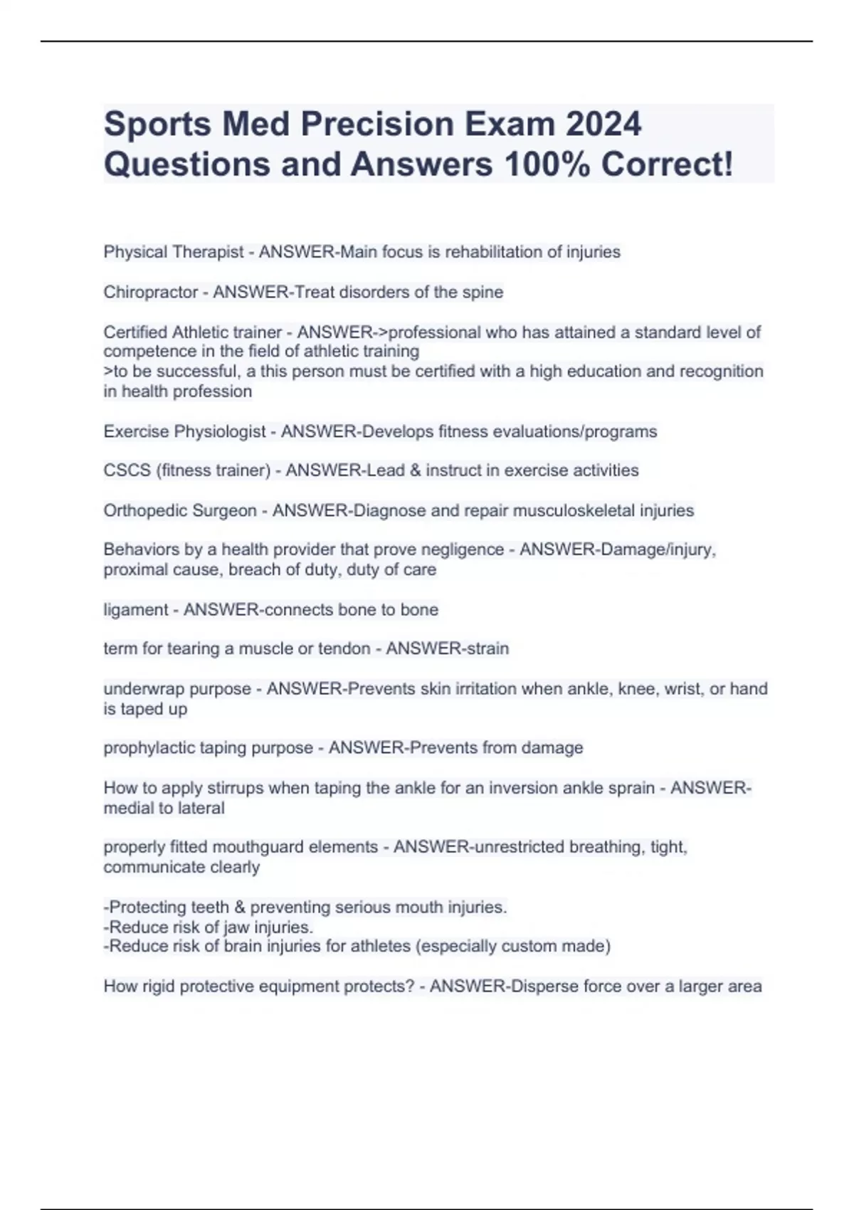 Sports Med Precision Exam 2024 Questions and Answers 100 Correct