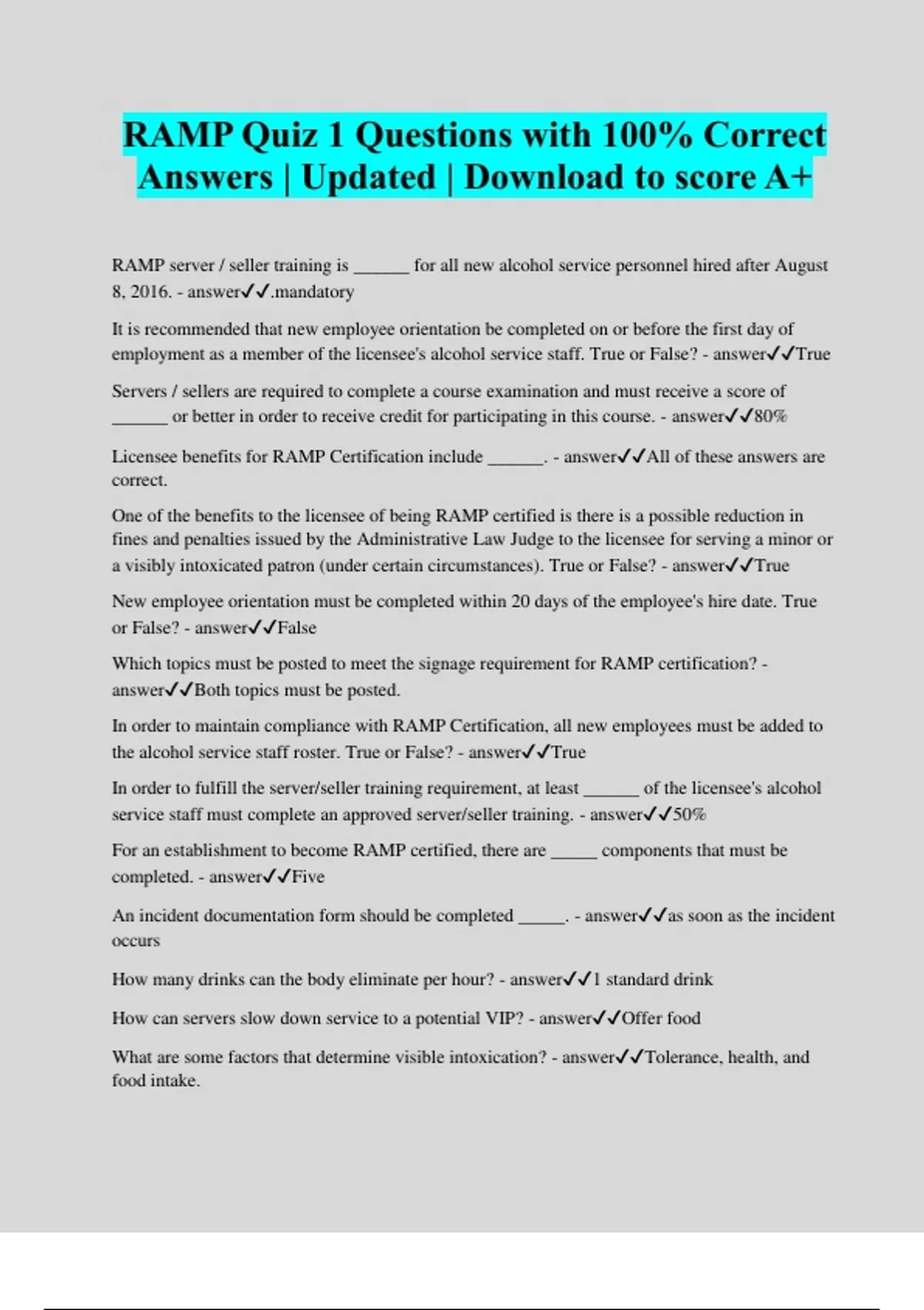 RAMP Quiz 1 Questions with 100 Correct Answers Updated Download to