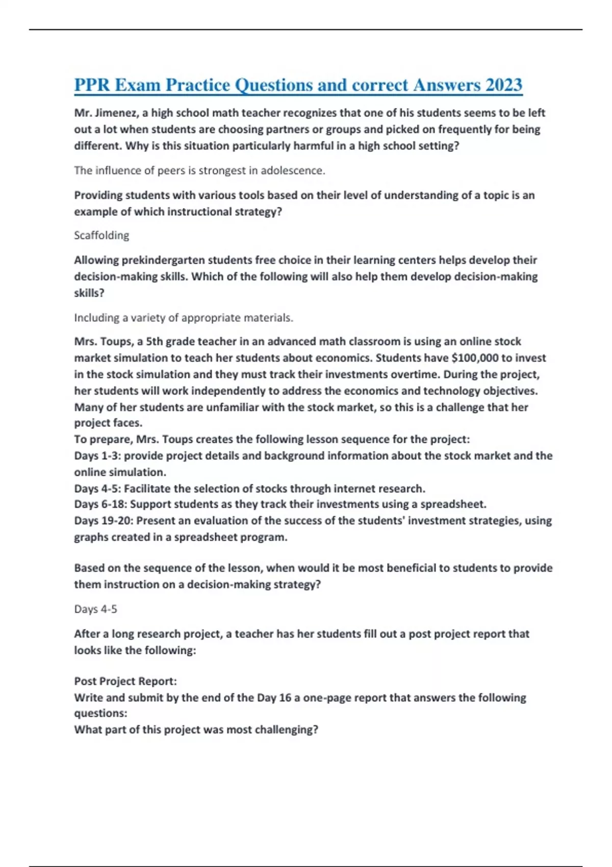 PPR Exam Practice Questions and correct Answers 2023/2024 NURSING