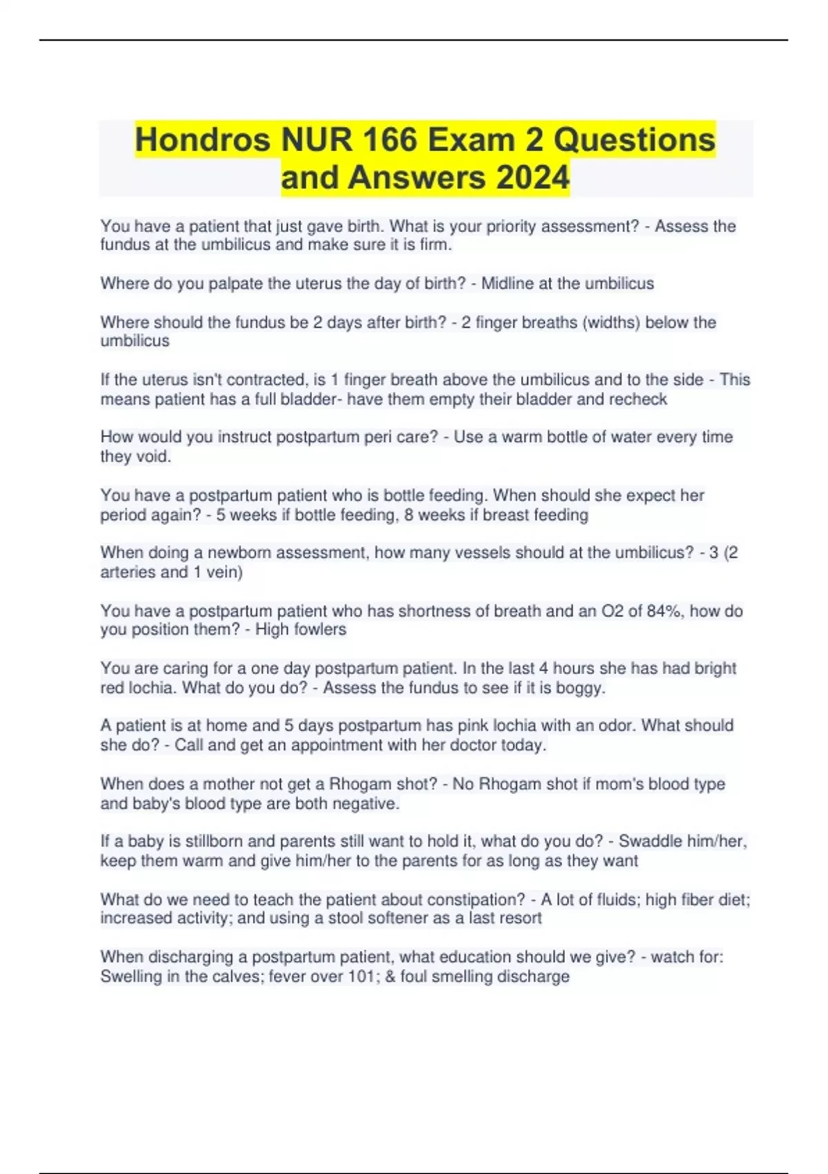 Hondros NUR 166 Exam 2 Questions and Answers 2024 - NUR 166 - Stuvia US