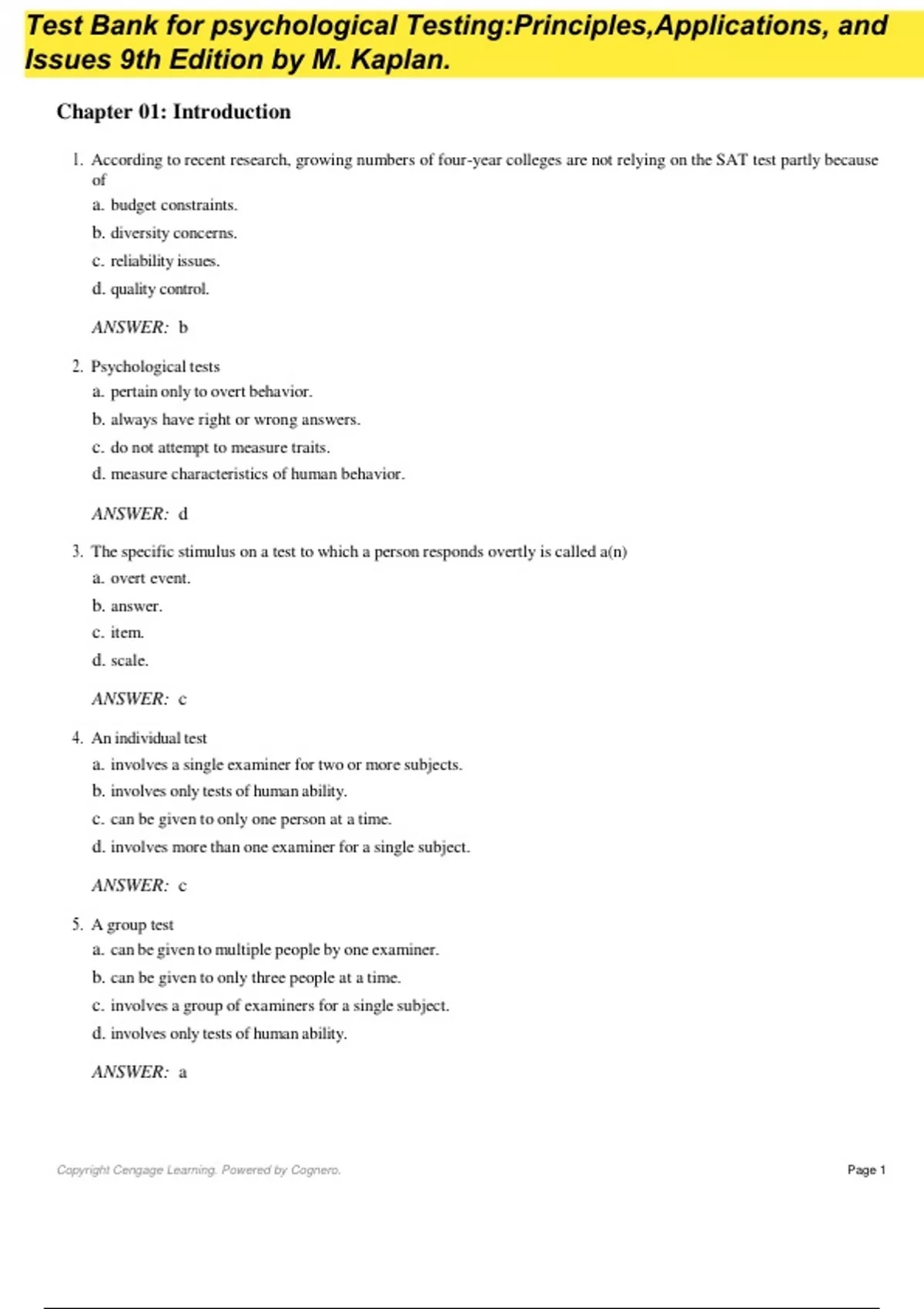 TEST BANK For Psychological Testing: Principles, Applications, and ...
