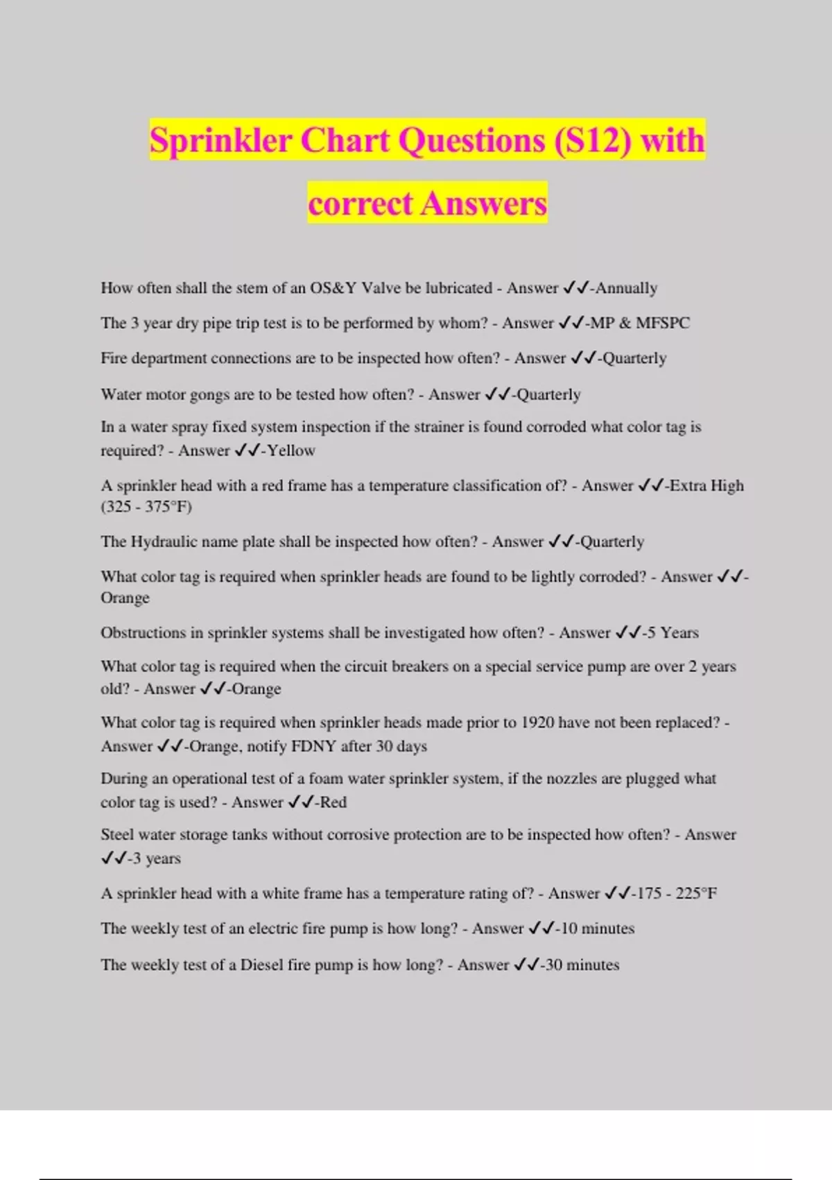 Sprinkler Chart Questions (S12) with correct Answers S12 Sprinkler