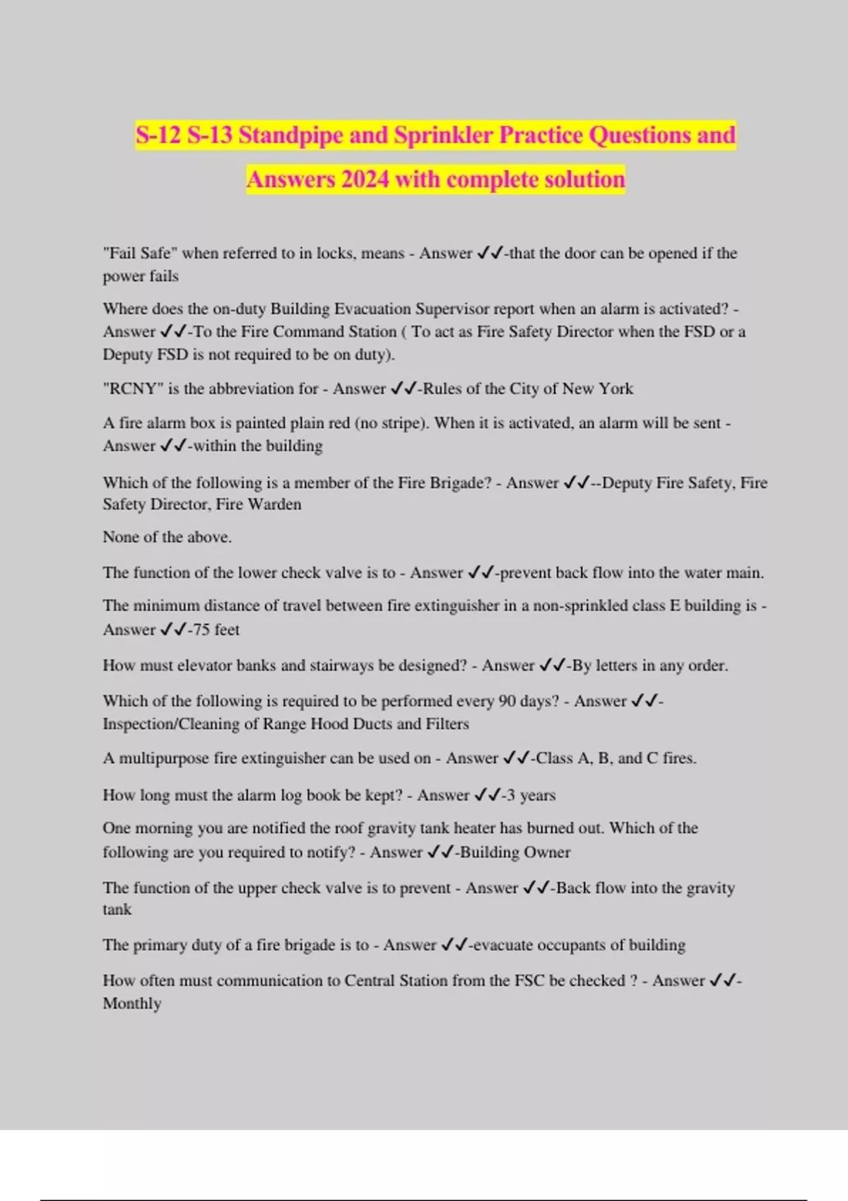 S12 S13 Standpipe and Sprinkler Practice Questions and Answers 2024