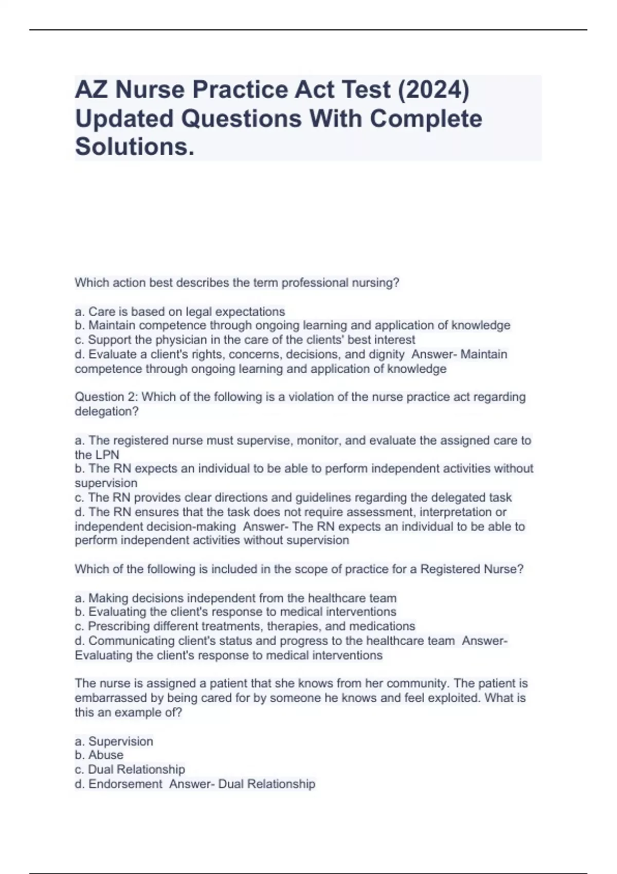 AZ Nurse Practice Act Test (2024) Updated Questions With Complete Solutions. - AZ Nurse - Stuvia US