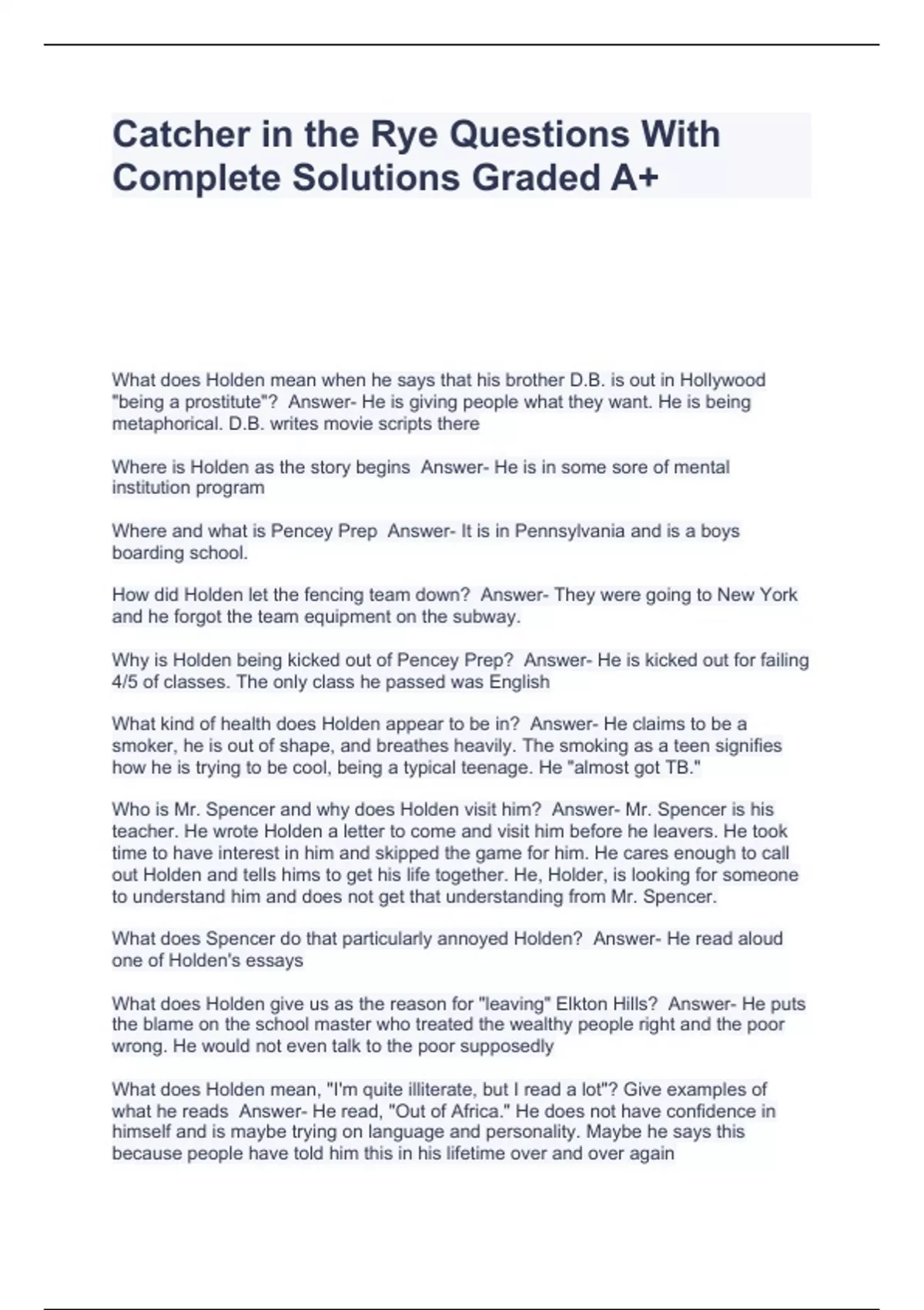 Catcher in the Rye Questions With Complete Solutions Graded A+ The Catcher in the Rye Stuvia US