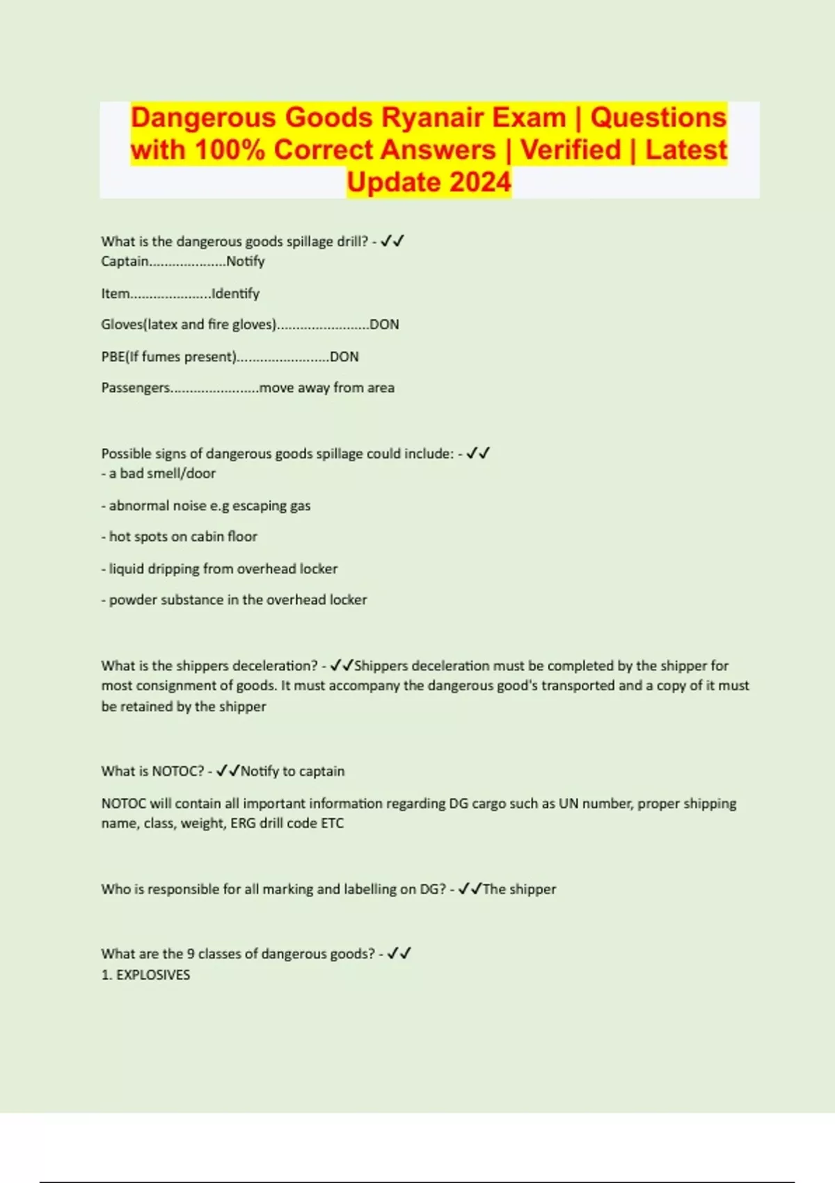 Dangerous Goods Ryanair Exam Questions with 100 Correct Answers