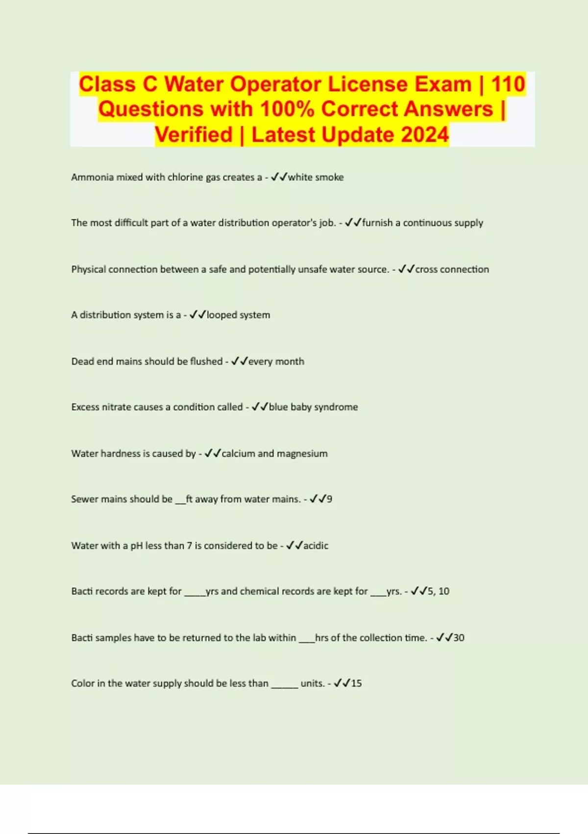 Class C Water Operator License Exam 110 Questions with 100 Correct