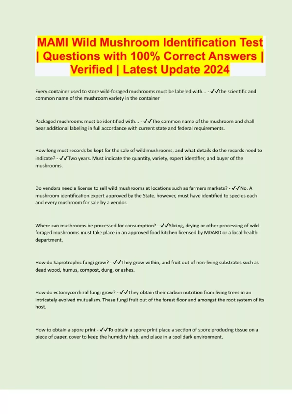 MAMI Wild Mushroom Identification Test Questions with 100 Correct