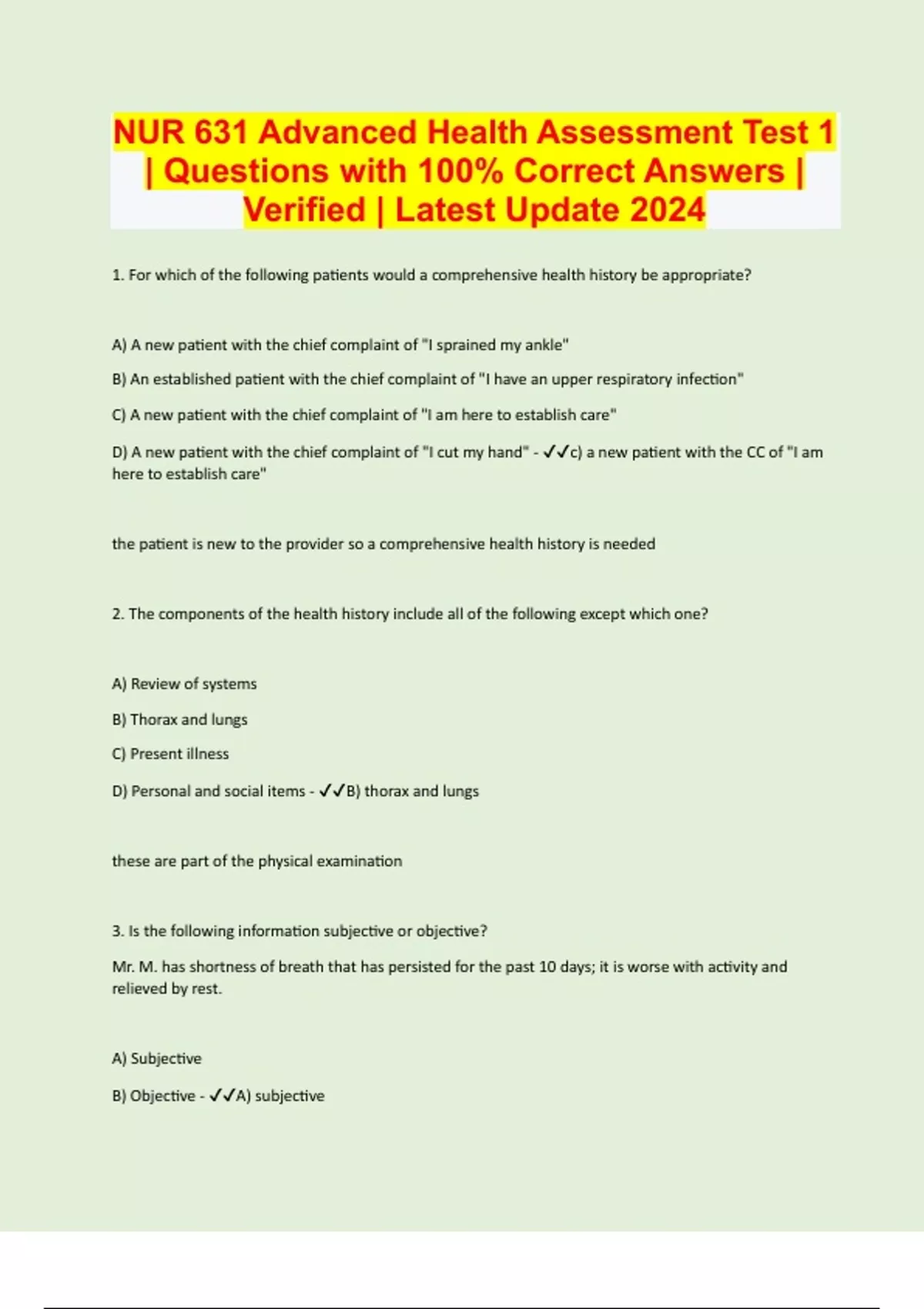 NUR 631 Advanced Health Assessment Test 1 | Questions with 100% Correct ...