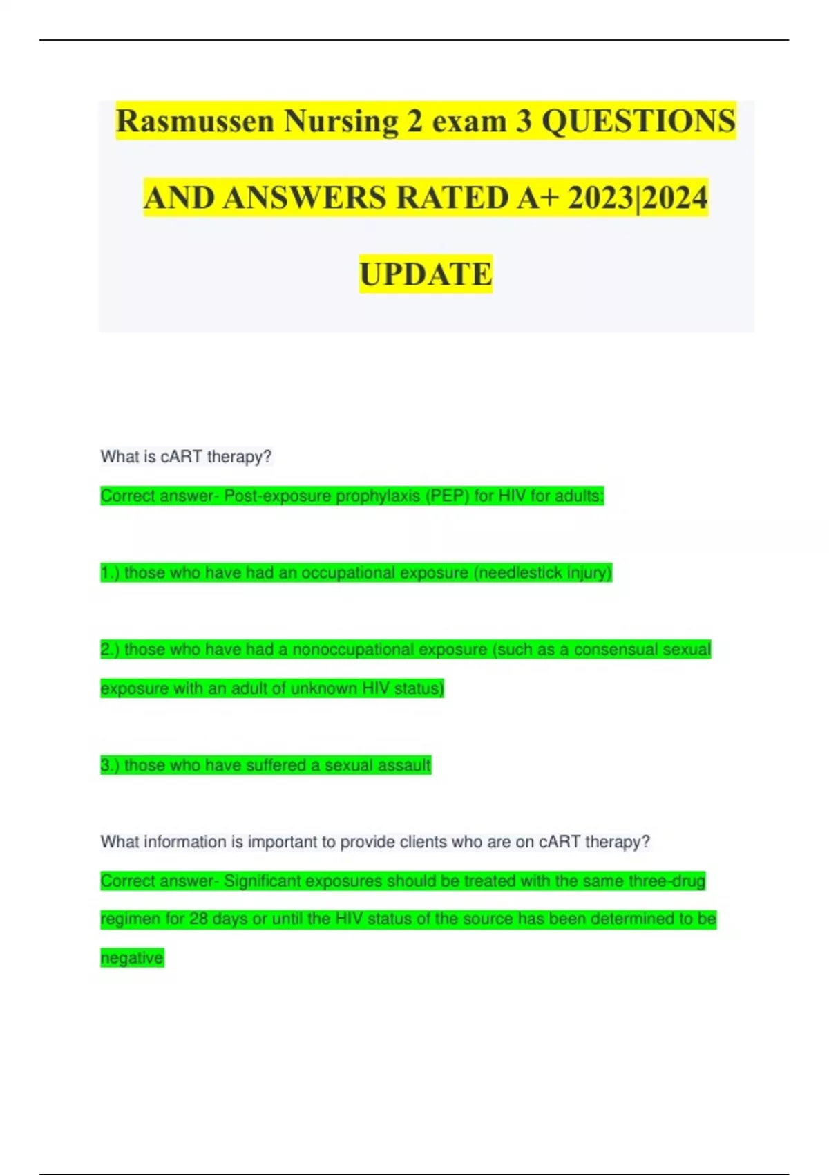 Rasmussen Nursing 2 exam 3 QUESTIONS AND ANSWERS RATED A+ 2023|2024 ...