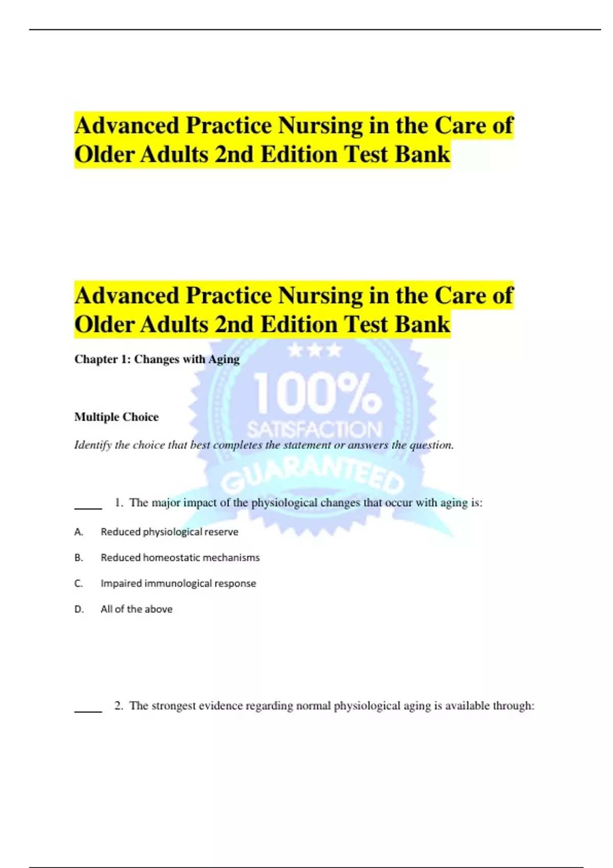 Advanced Practice Nursing in the Care of Older Adults 2nd Edition Test ...