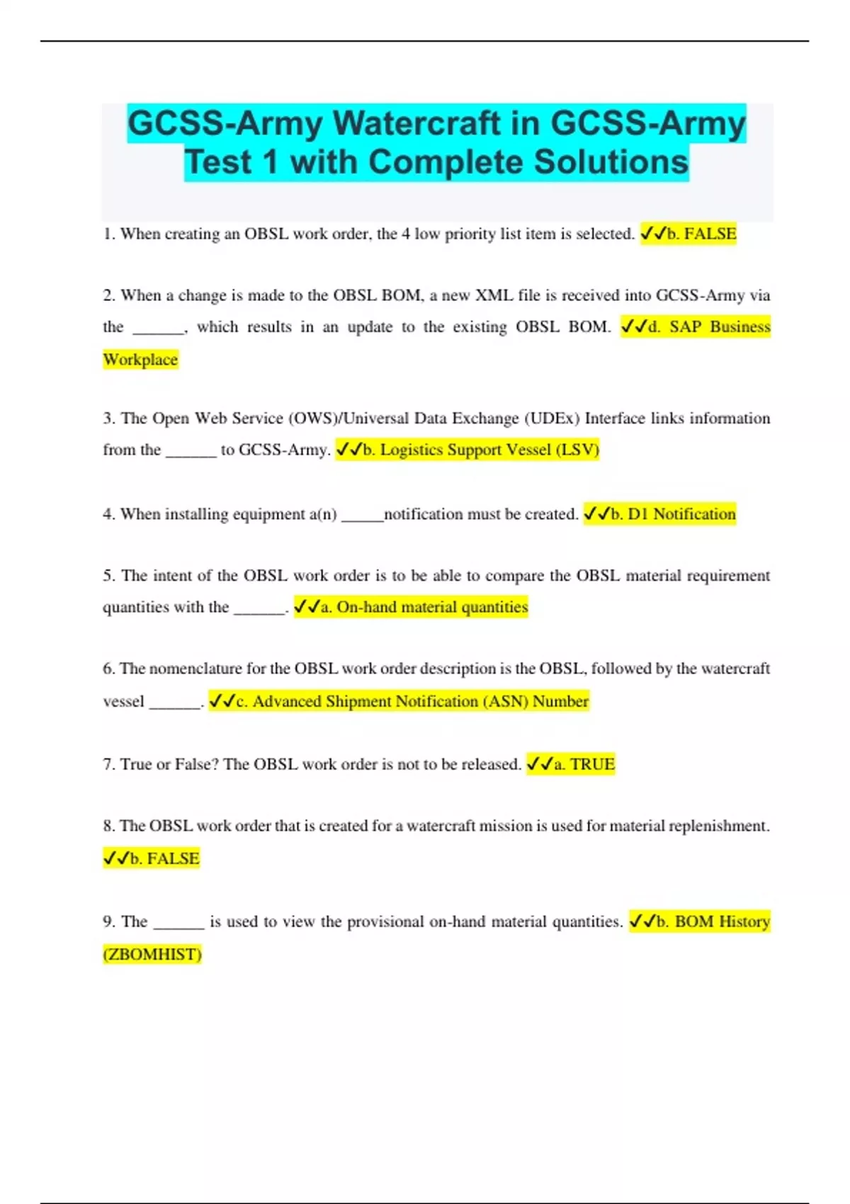 GCSS Army Watercraft In GCSS Army Test 1 With Complete Solutions GCSS GCSS Army Watercraft In GCSS Army Test 1 With Complete Solutions GCSS