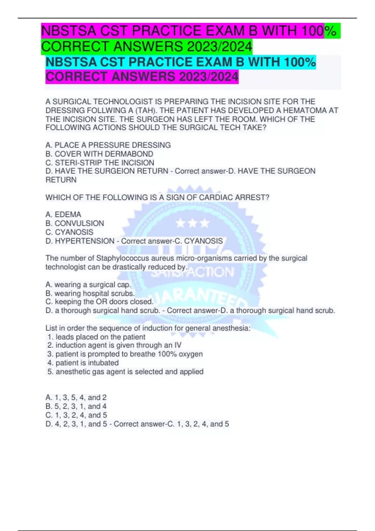 NBSTSA CST PRACTICE EXAM B WITH 100% CORRECT ANSWERS 2023/2024 A ...