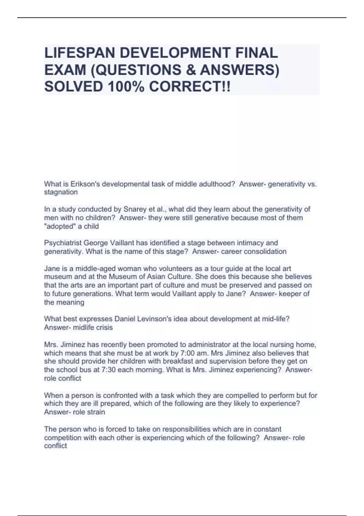 LIFESPAN DEVELOPMENT FINAL EXAM (QUESTIONS & ANSWERS) SOLVED 100