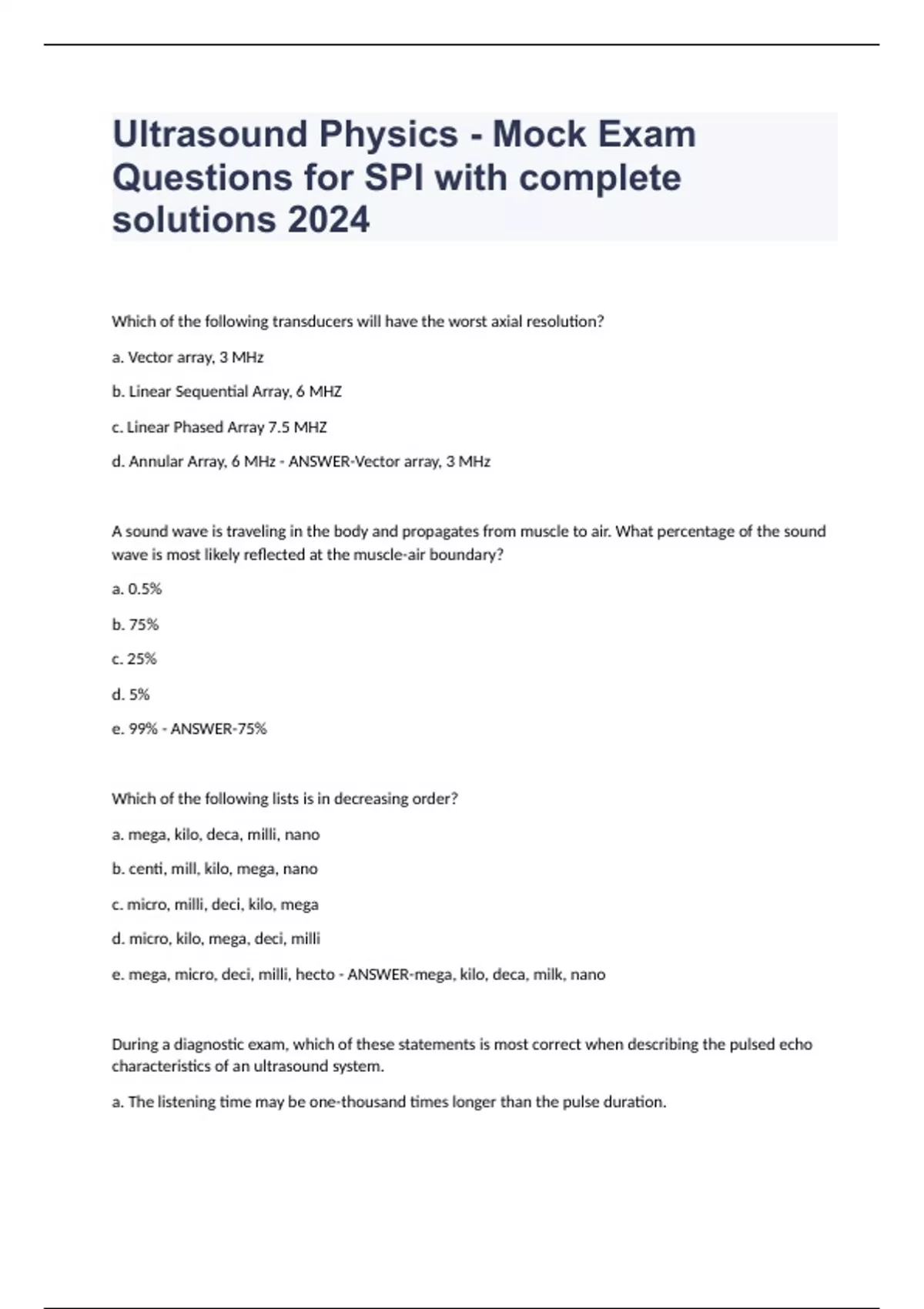Ultrasound Physics - Mock Exam Questions for SPI with complete solutions 2024 - Ultrasound ...