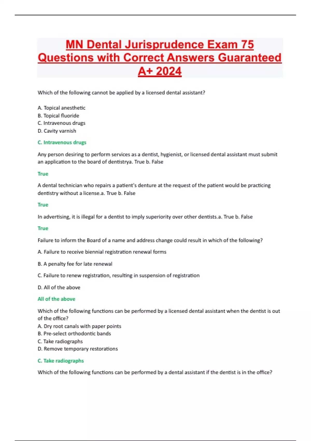 MN Dental Jurisprudence Exam 75 Questions with Correct Answers