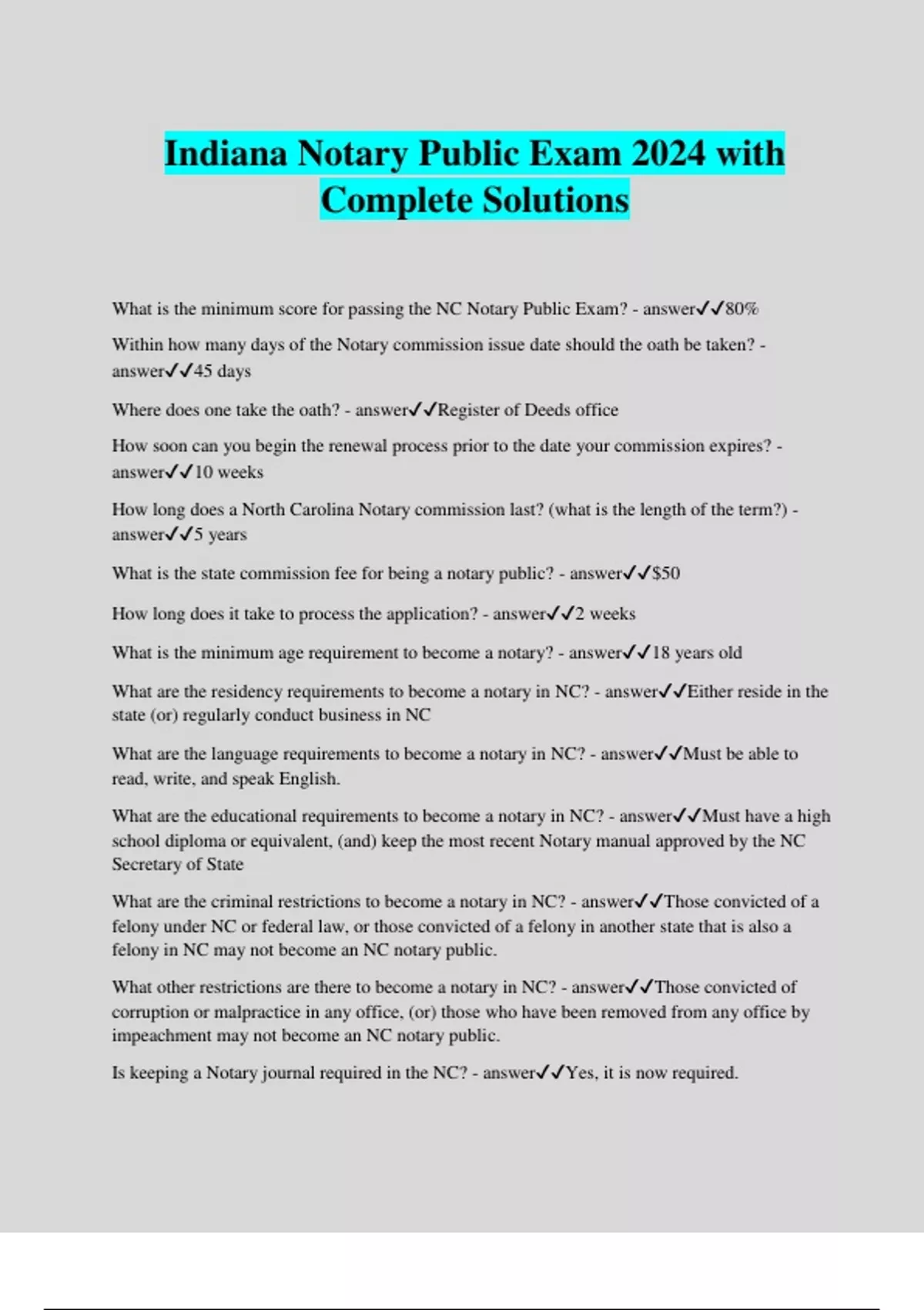 Indiana Notary Public Exam 2024 with Complete Solutions Indiana Notary Public Stuvia US