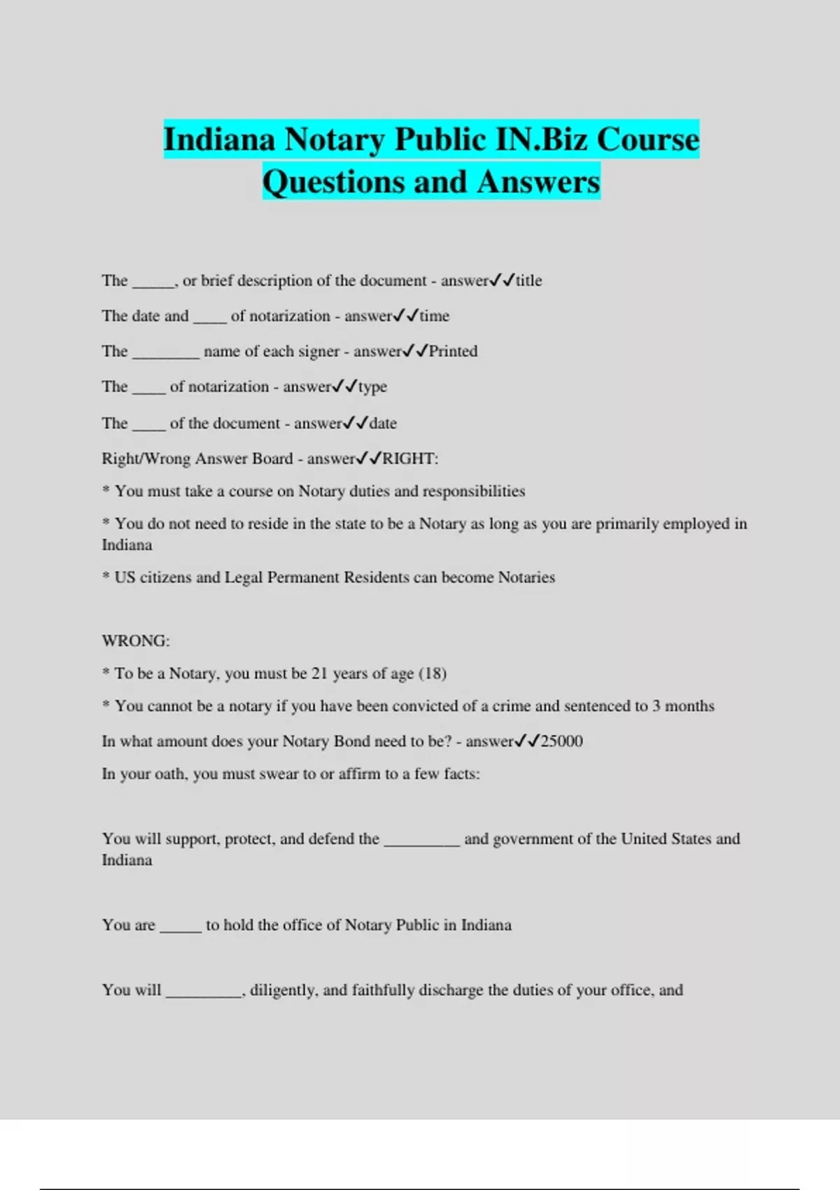 Indiana Notary Public Course Questions and Answers Indiana