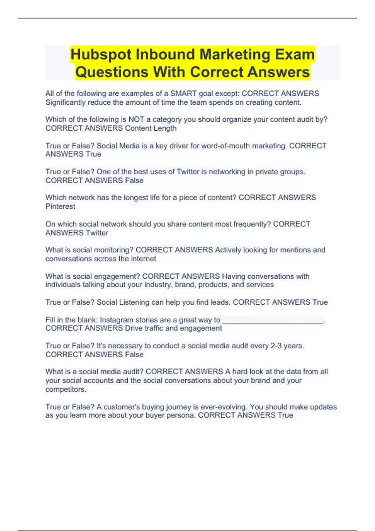 Hubspot Inbound Marketing Exam Questions With Correct Answers HubSpot