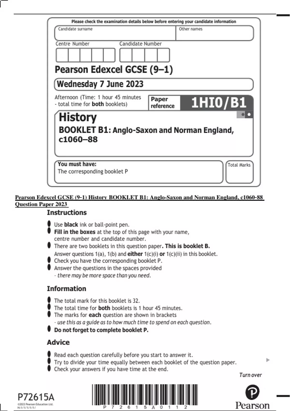 Pearson Edexcel GCSE 9 1 History BOOKLET B1 Anglo Saxon And Norman 