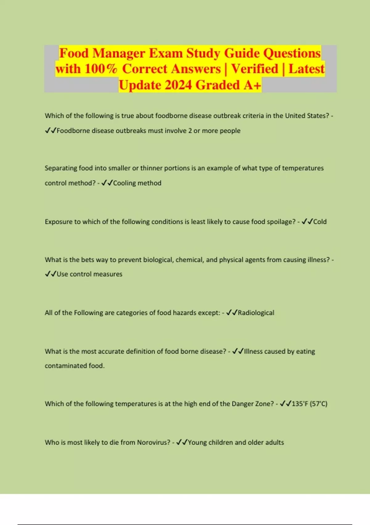 Food Manager Exam Study Guide Questions with 100 Correct Answers