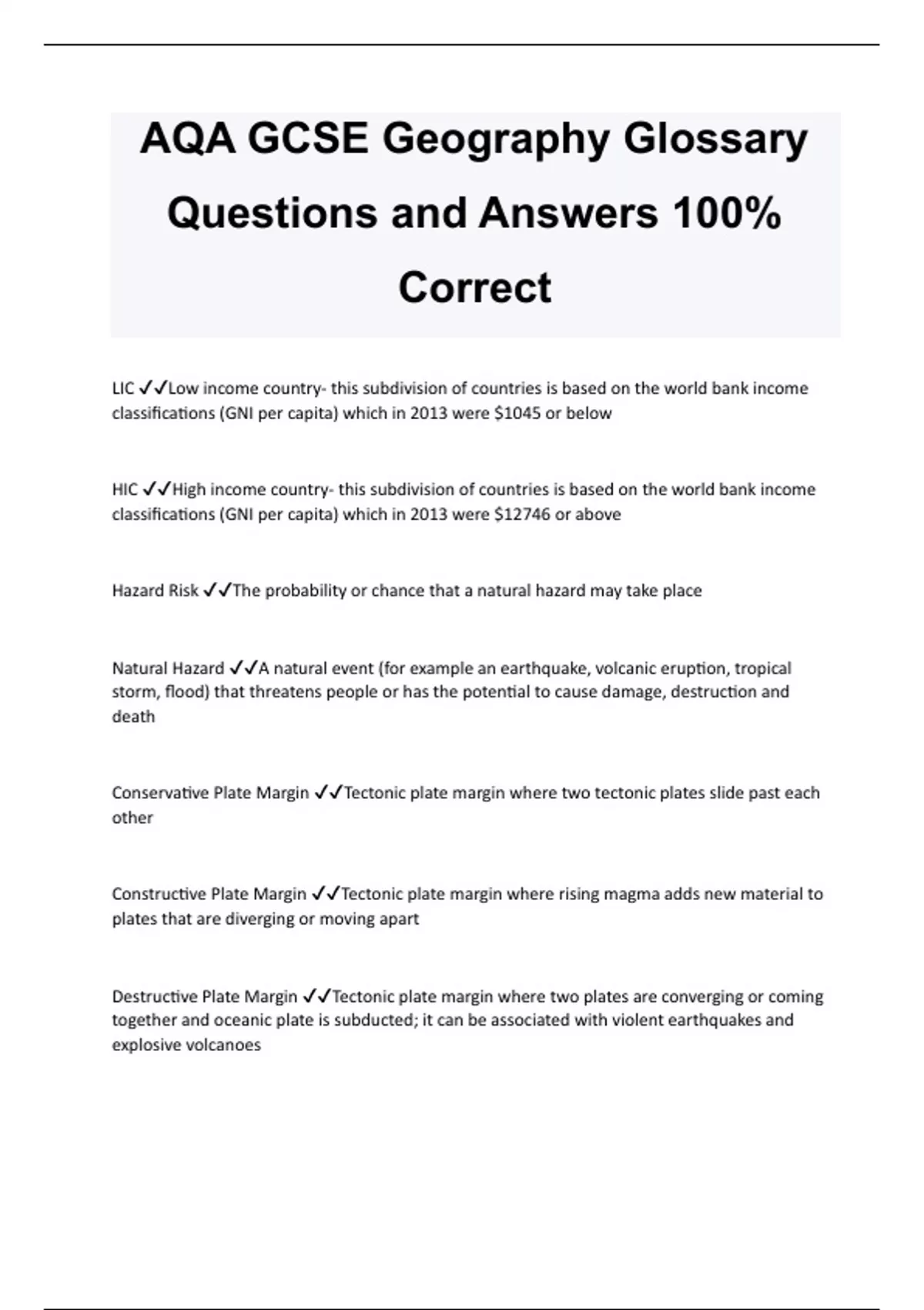 AQA GCSE Geography Glossary Questions and Answers 100 Correct AQA