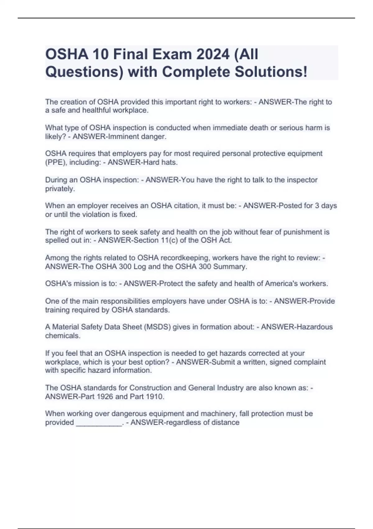 OSHA 10 Final Exam 2024 (All Questions) with Complete Solutions! OSHA