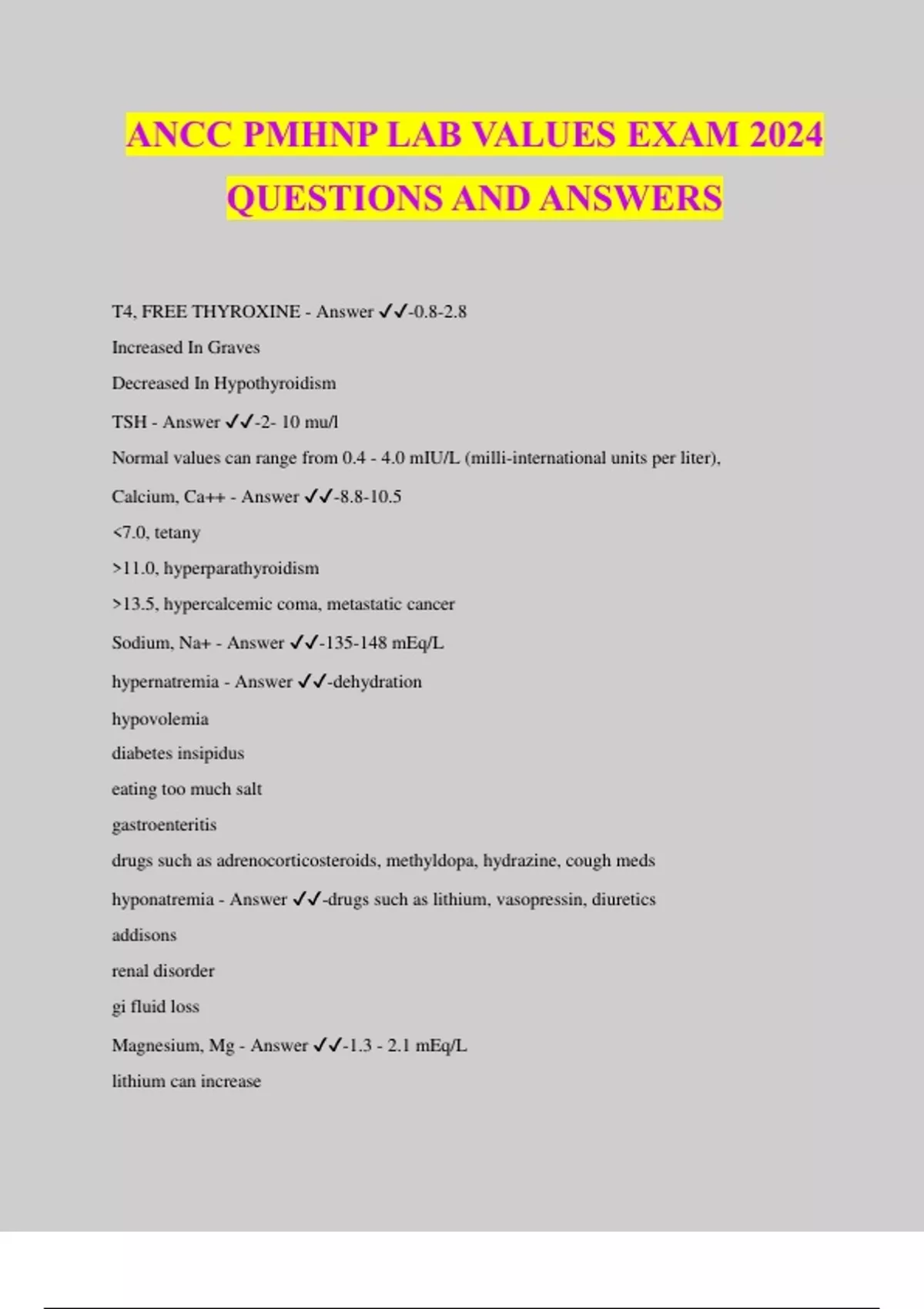ANCC PMHNP LAB VALUES EXAM 2024 QUESTIONS AND ANSWERS - PMHNP - Stuvia US